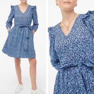 J.Crew Blue Floral Lightweight Cotton Puff Sleeve Mini Dress Size L
